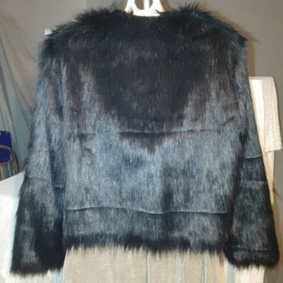 Black Faux Fur Fluffy Shaggy Coat Jacket Size Large - Picture 3 of 11